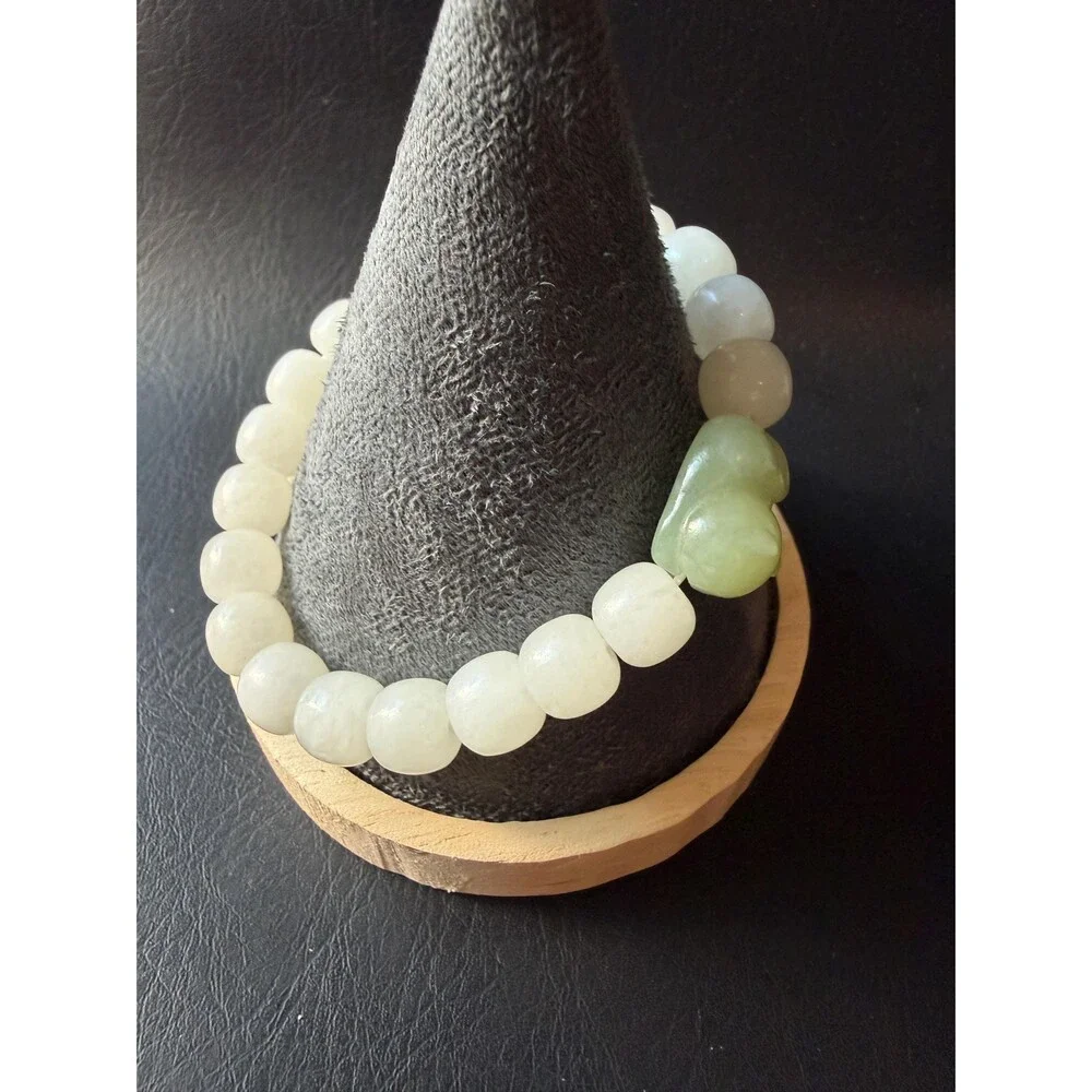White Icy Jade Barrel Bracelet with Natural Green Jade Cat Charm Untreated Jade